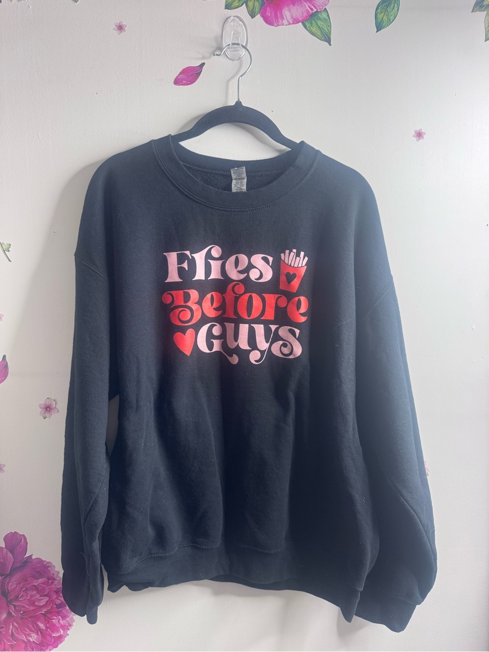Women’s Black Sweatshirt with Pink & Red Fries Before Guys